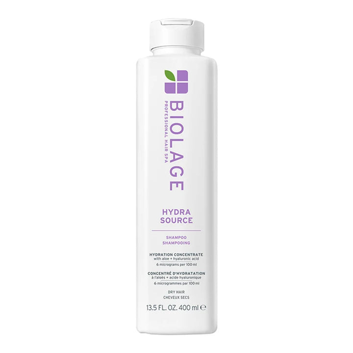 A 400 ml white bottle of Biolage Hydra Source Hydration Concentrate Shampoo on a solid white background.