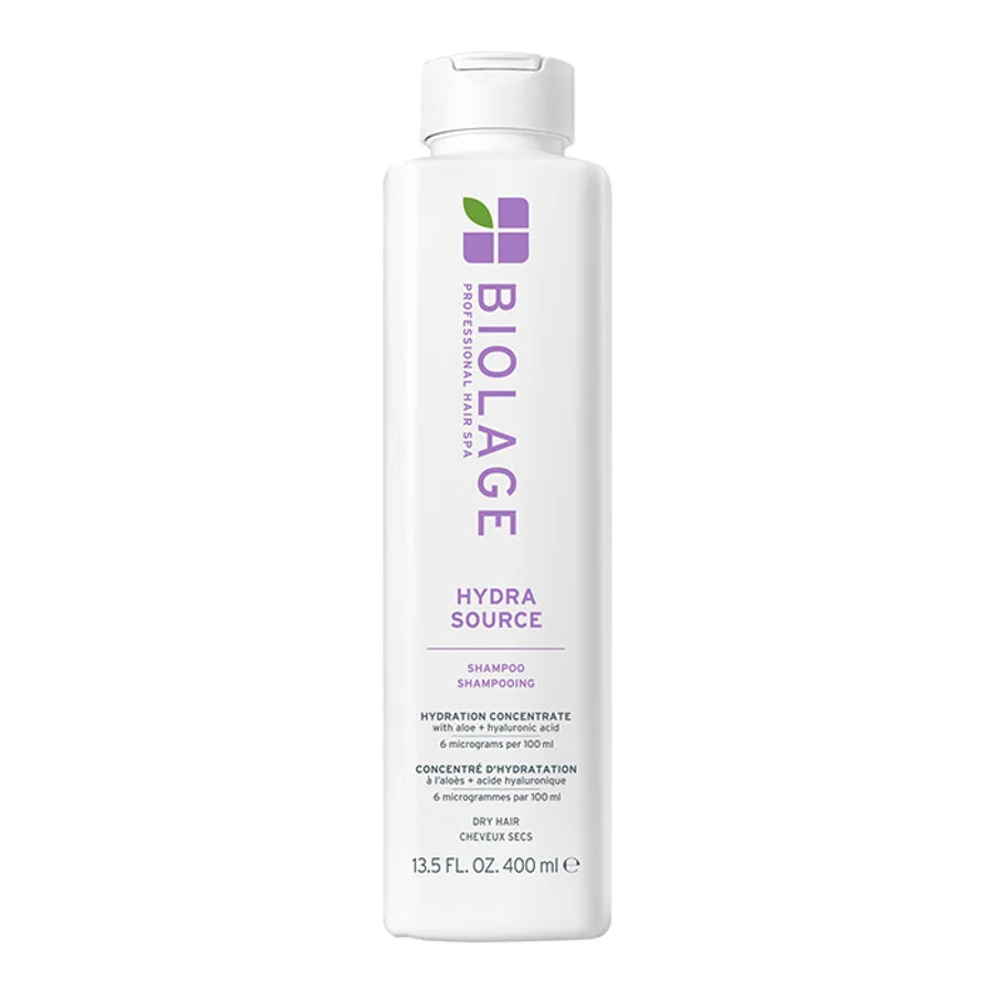 A 400 ml white bottle of Biolage Hydra Source Hydration Concentrate Shampoo on a solid white background.