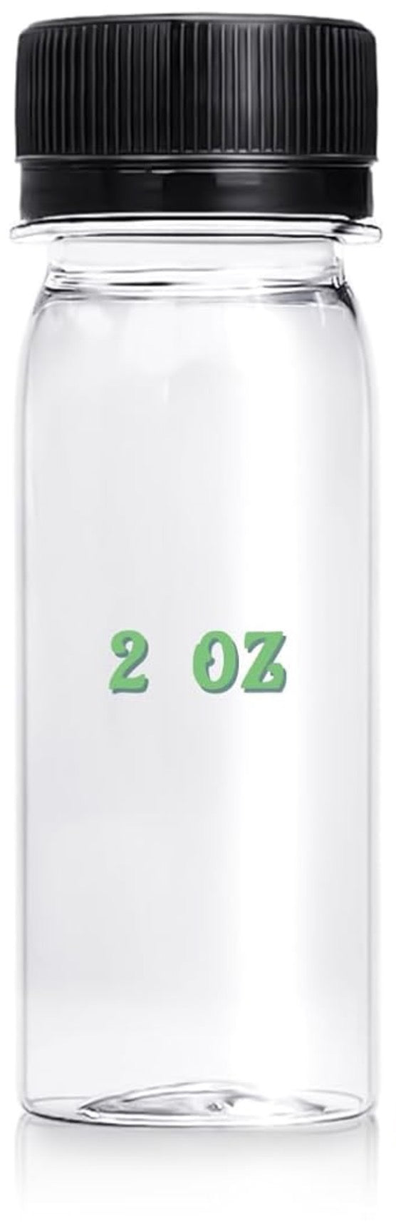 Clear bottle with black cap and green '2 OZ' label on a white background