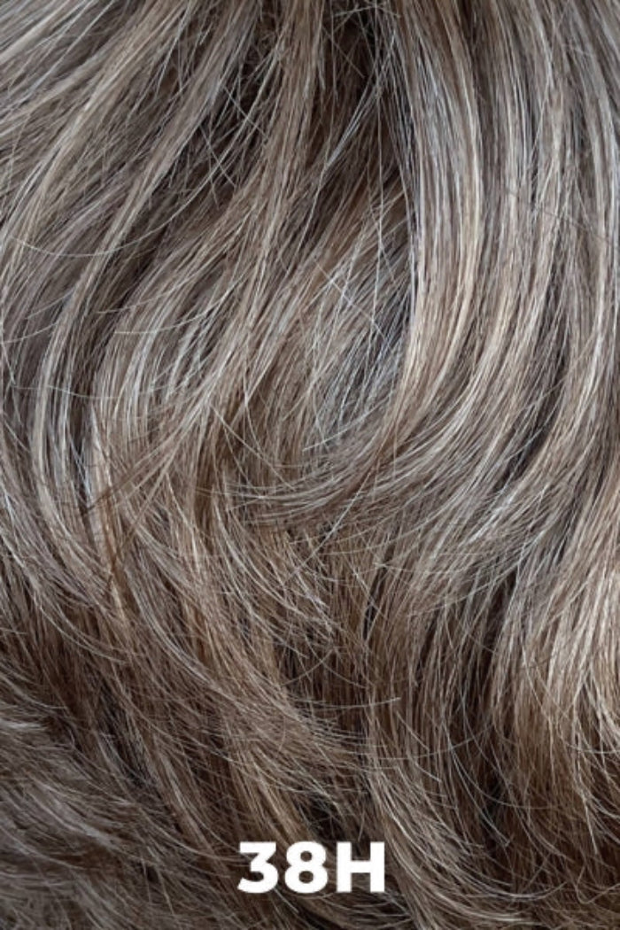 Close-up of wavy hair in a light ash brown shade with silver-gray highlights, labeled '38H' at the bottom.