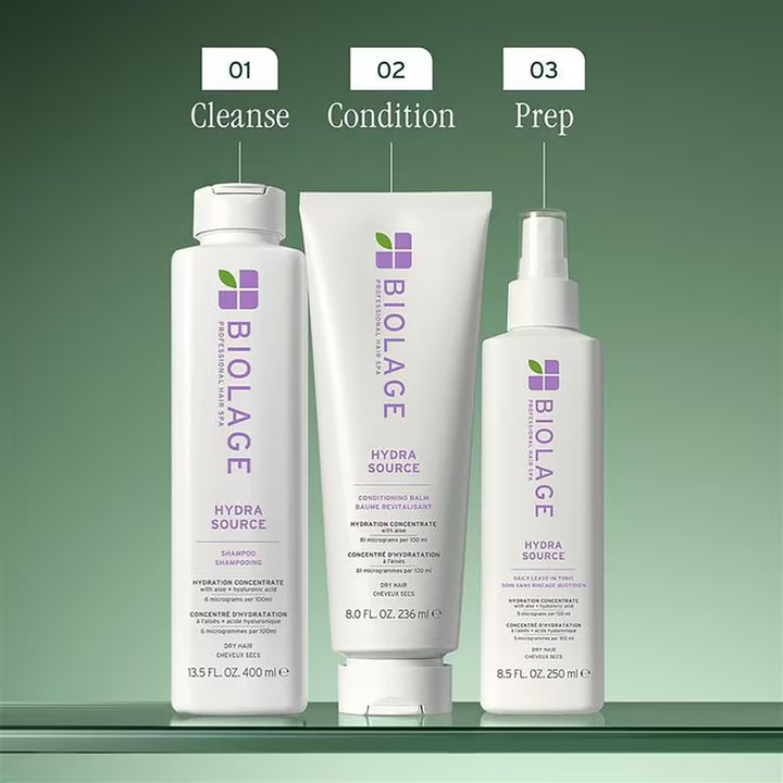 Three BIOLAGE hair care products labeled 'Cleanse', 'Condition', and 'Prep' on a green background.