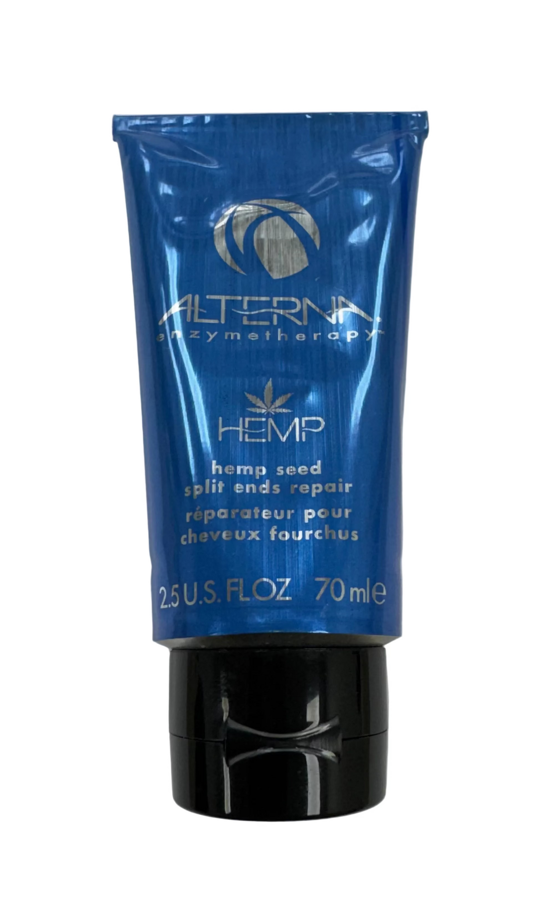 A tube of Alterna Enzymatherapy Hemp hair repair treatment, featuring a metallic blue squeeze tube with a black cap, set against a plain light gray background.