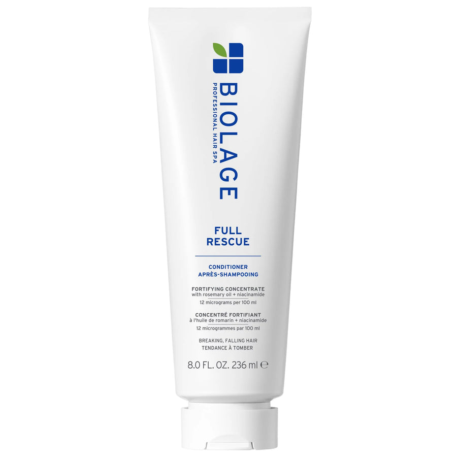 A white squeeze tube of BIOLAGE Full Rescue Conditioner on a plain white background.