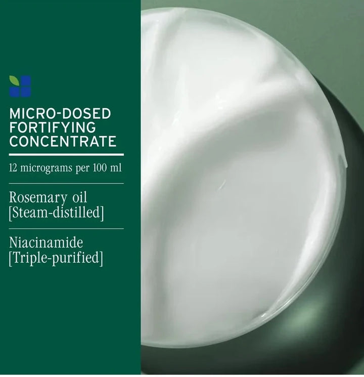 Front packaging of a skincare product labeled 'MICRO-DOSED FORTIFYING CONCENTRATE' with text specifying rosemary oil and niacinamide, shown beside a close-up of a white cream dollop.