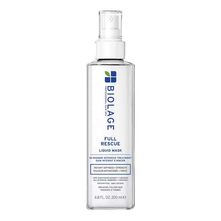 A clear plastic bottle of Biolage Full Rescue Liquid Mask with a white spray pump, shown on a clean white background.