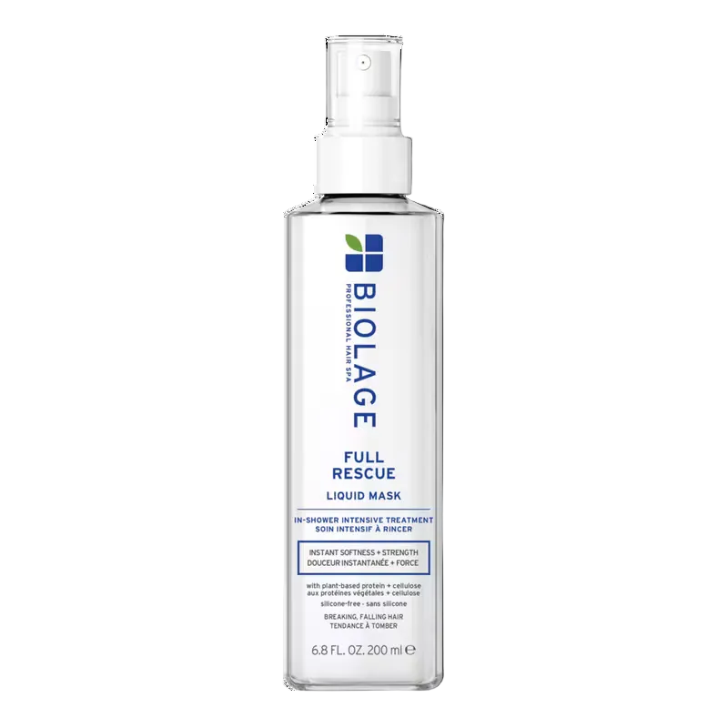 A clear plastic bottle of Biolage Full Rescue Liquid Mask with a white spray pump, shown on a clean white background.