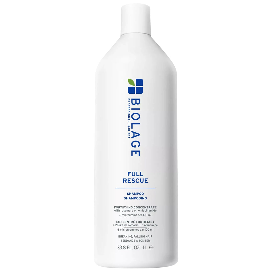 A large white bottle of BIOLAGE Full Rescue Shampoo on a clean white background.
