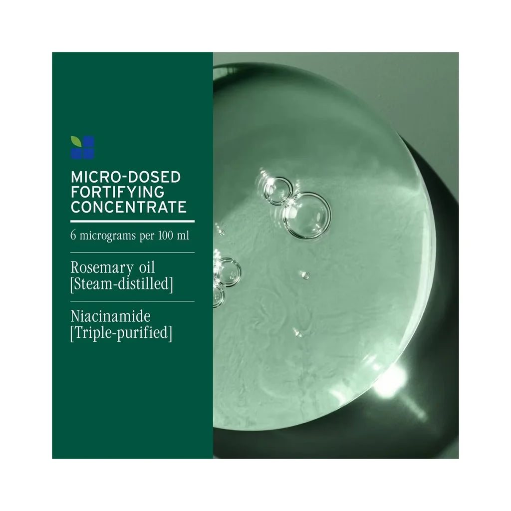 A rectangular product package or label design with a dark green left panel containing white text that reads 'MICRO-DOSED FORTIFYING CONCENTRATE' and ingredient details, paired with a right-side close-up photo of a clear liquid droplet with bubbles on a green-tinted surface.