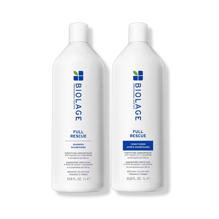 Two white Biolage Full Rescue hair care bottles on a white background, one labeled shampoo and one labeled conditioner.
