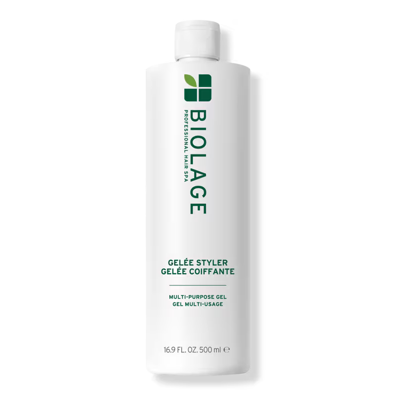 A 500 ml white bottle of Biolage Professional Hair Gel, featuring green text and logo, on a clean white background.
