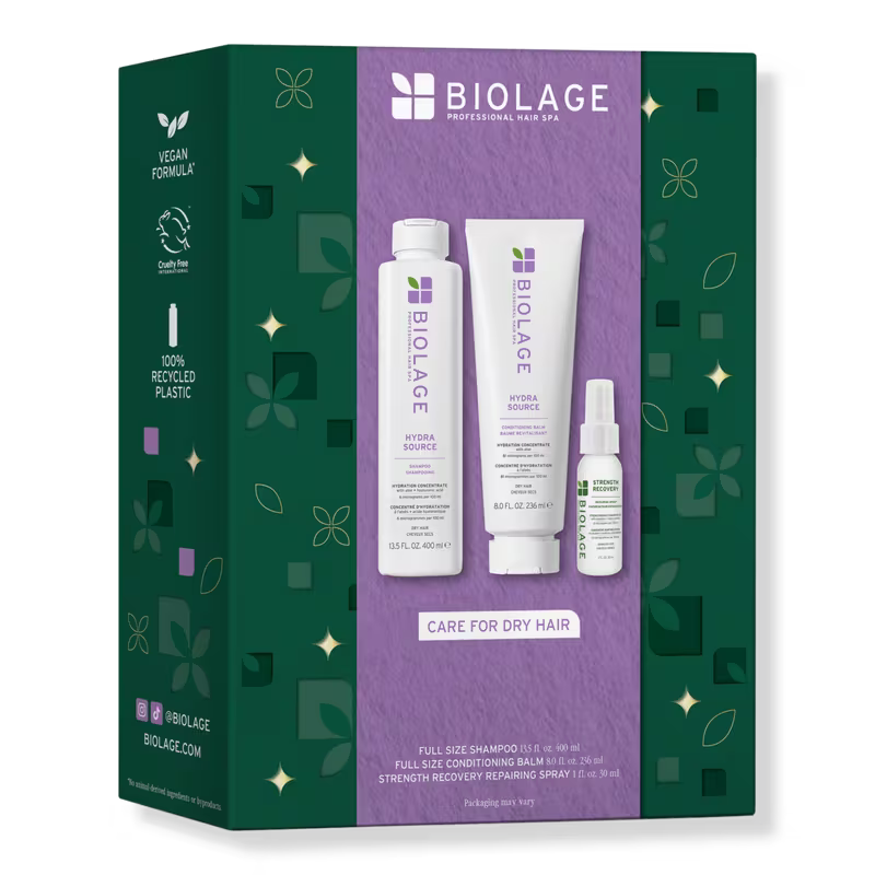 Biolage Professional Hair Spa Care for Dry Hair gift set in a green and purple box, containing Hydrate Source shampoo, Hydrate Balance conditioner, and Strength Recovery Aids spray.