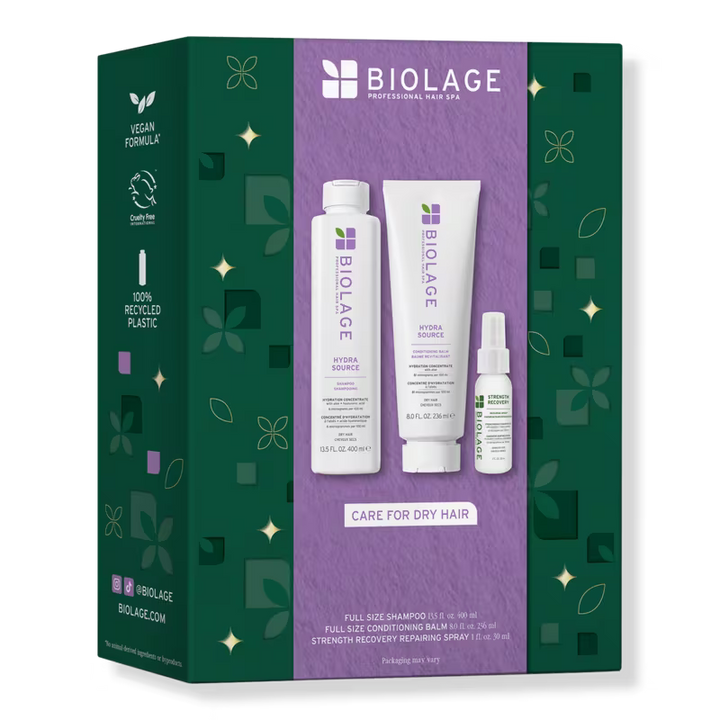 Biolage Professional Hair Spa Care for Dry Hair gift set in a green and purple box, containing Hydrate Source shampoo, Hydrate Balance conditioner, and Strength Recovery Aids spray.
