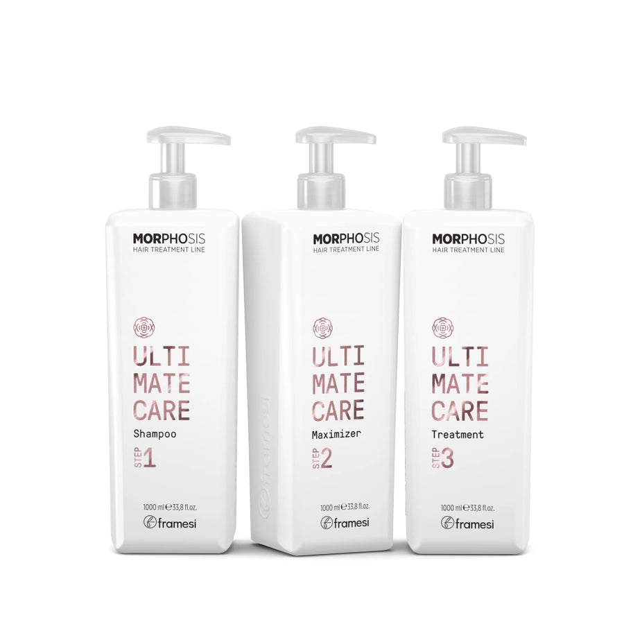 Three bottles of Morphosis Ulti Mate Care hair treatment line on a white background