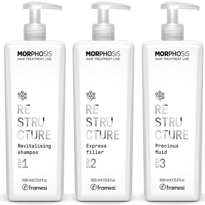 Three bottles of Morphosis hair treatment line with labels for Re Structure shampoo, Express filler, and Precious fluid.