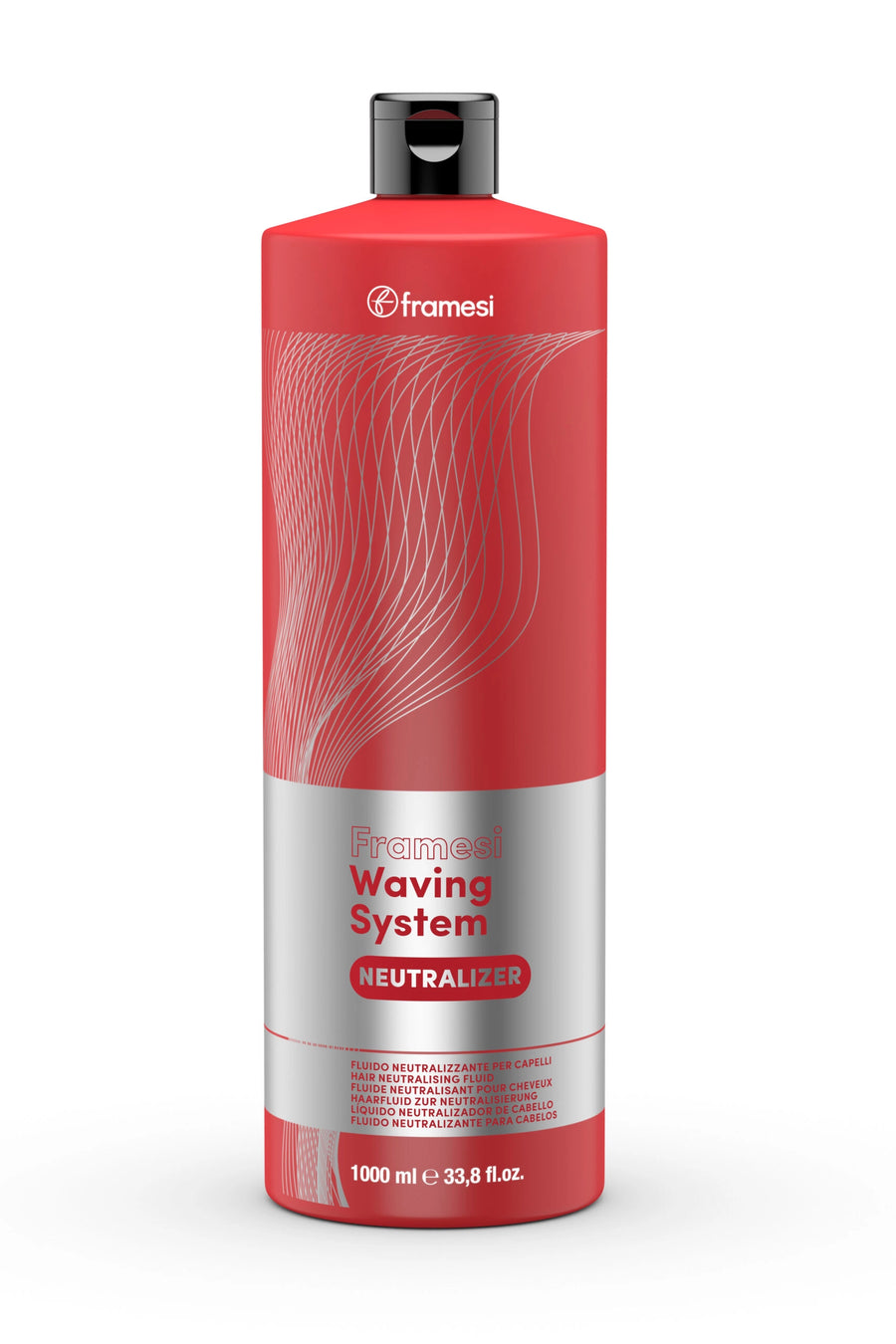 Red and silver bottle of Framesi Waving System Neutralizer on a white background