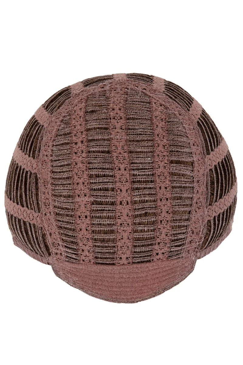 Textured pink and brown spherical object on a white background