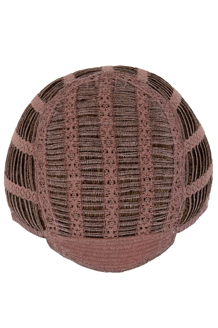 Textured pink and brown spherical object on a white background