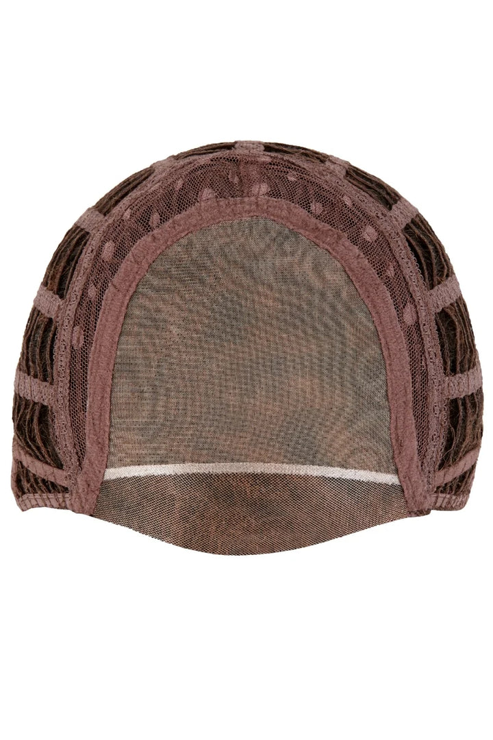 A brown mesh wig cap with a textured, patterned fabric trim and a solid brown inner band, shown against a plain white background.