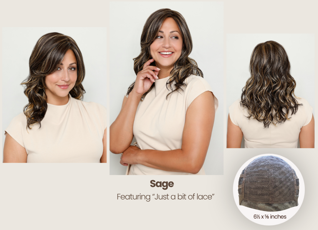 Three-view model photo of a wavy wig in the shade Sage, showing front, three-quarter, and back views, along with a circular inset showing the lace density at 6.5 x 1.
