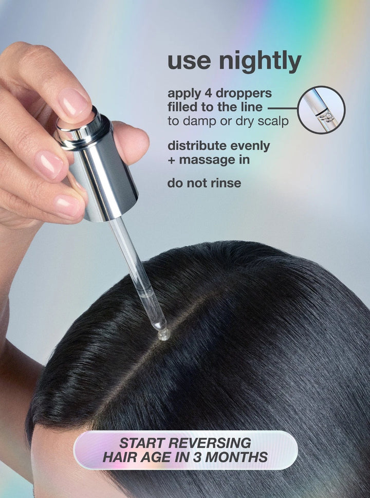 Person applying hair care product with dropper to scalp, text on usage instructions.