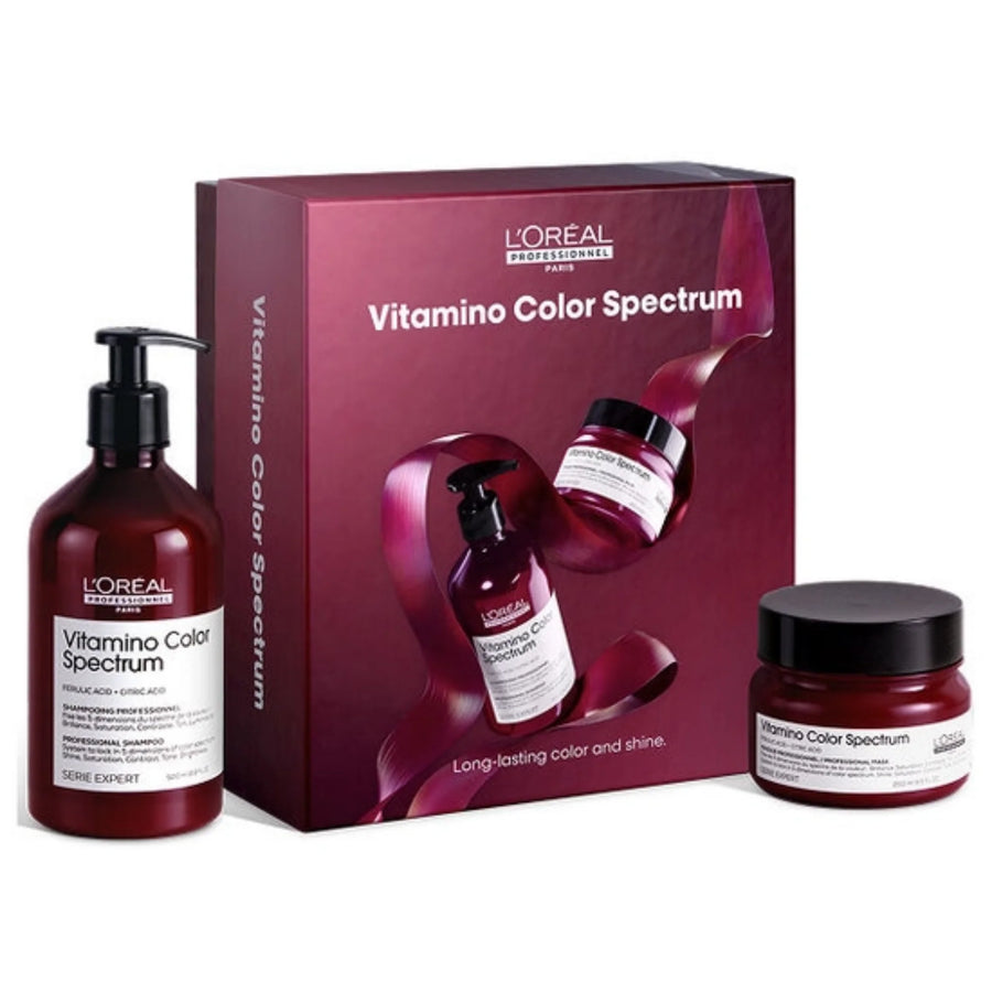 L'Oréal Professionnel Vitamino Color Spectrum hair color kit, featuring a dark burgundy pump bottle, a matching product box, and a small jar with a black lid, all on a white background.