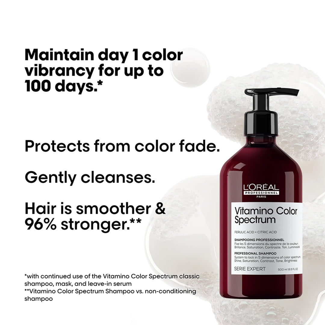 L'Oréal Professionnel Vitamino Color Spectrum shampoo bottle in a dark reddish-brown color with a black pump, set against a white background with promotional text and soft white hair bubble graphics.