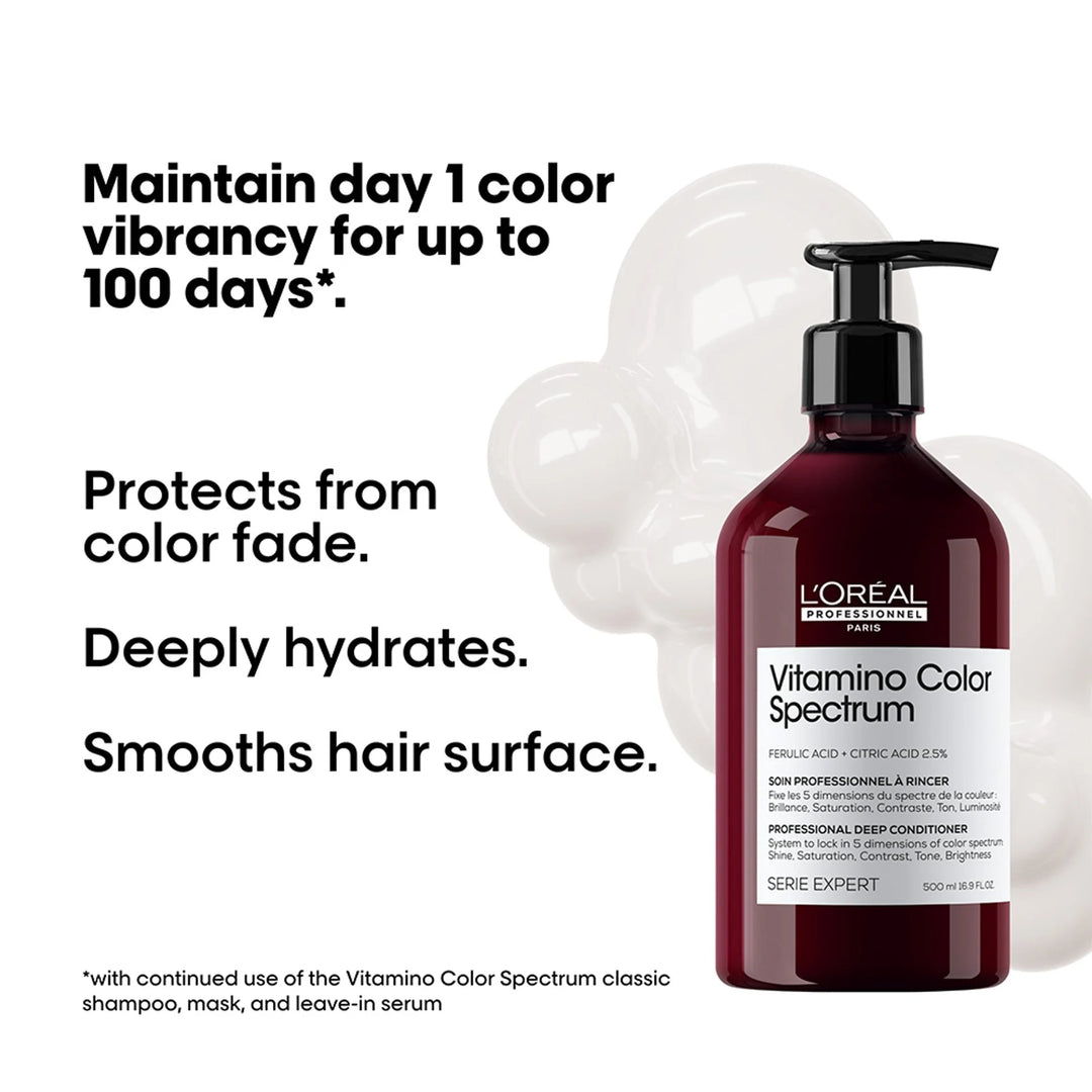 L'Oreal Vitamino Color Spectrum hair care product with text on color vibrancy and benefits.