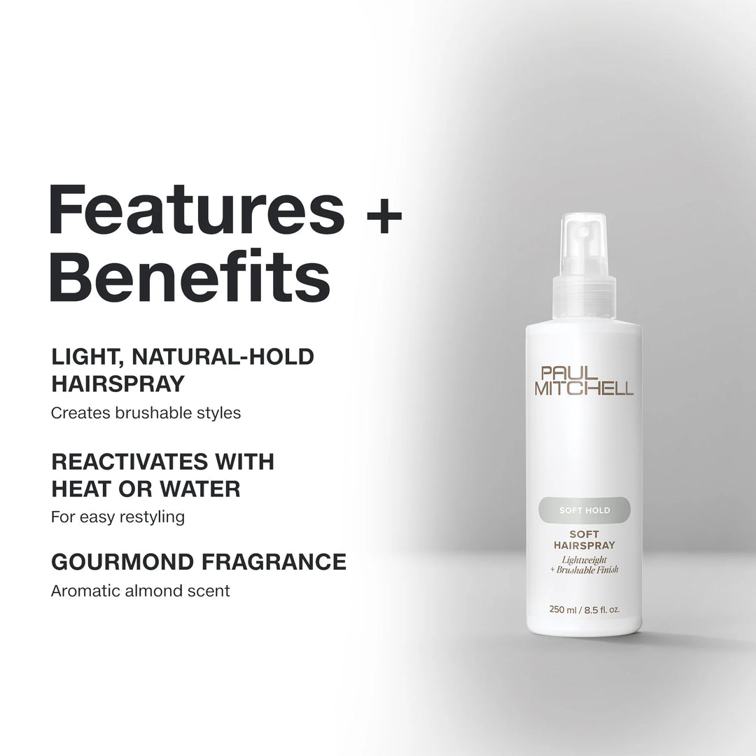 White hairspray bottle with text on a gray background