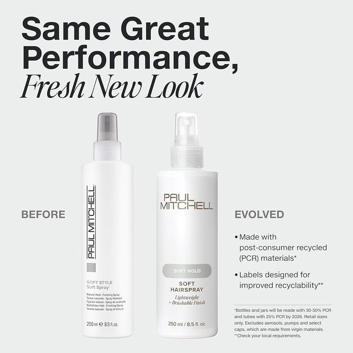 Two bottles of Paul Mitchell hair spray with text about new look and recyclable materials.