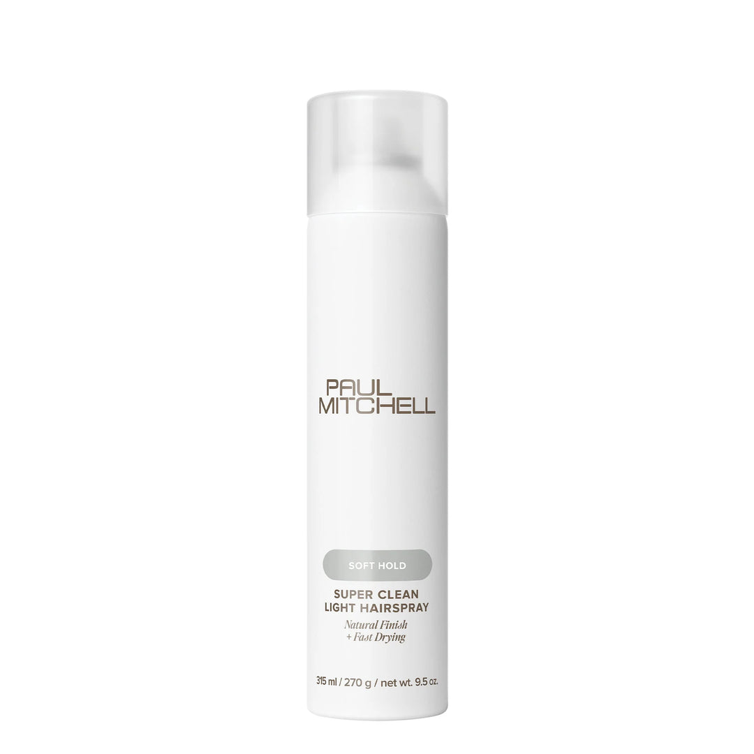 White bottle of Paul Mitchell Super Clean Light Hairspray on a white background
