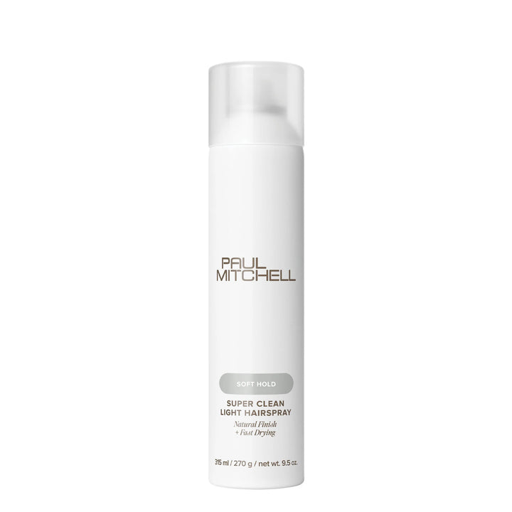 White bottle of Paul Mitchell Super Clean Light Hairspray on a white background