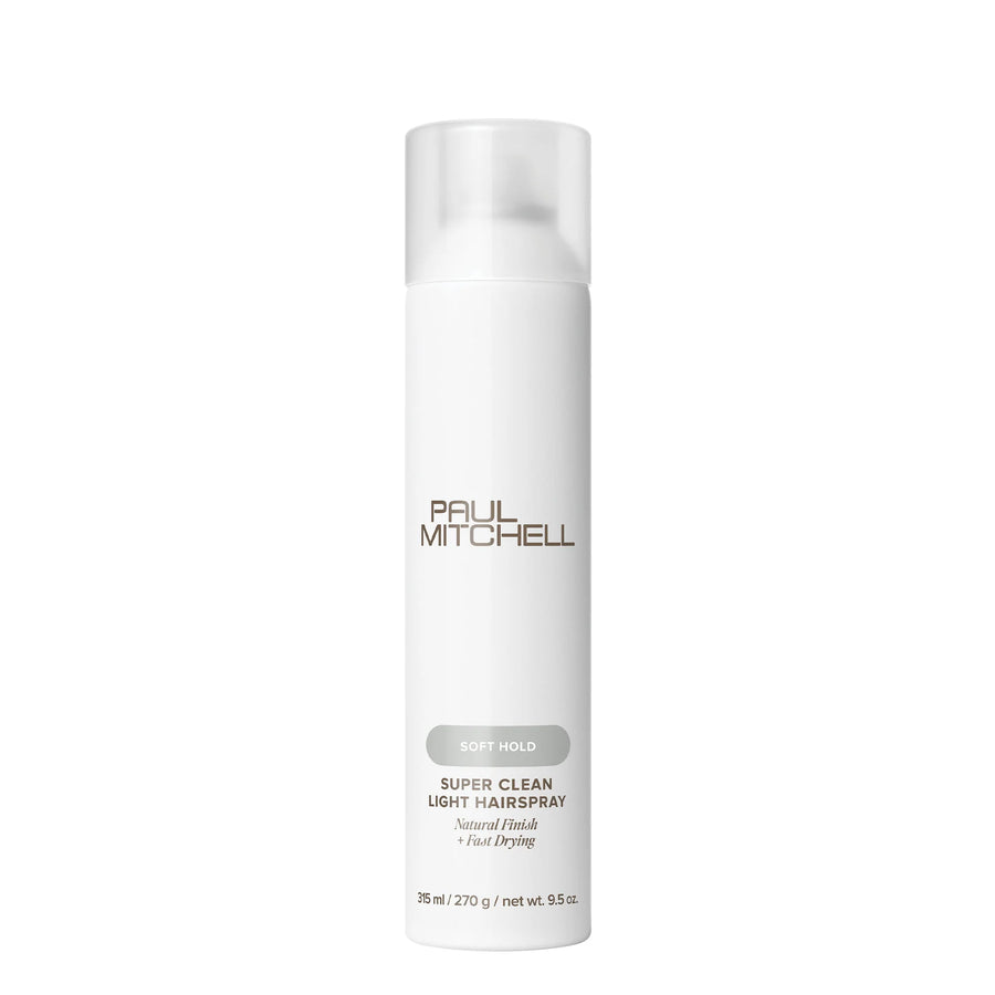 White bottle of Paul Mitchell Super Clean Light Hairspray on a white background