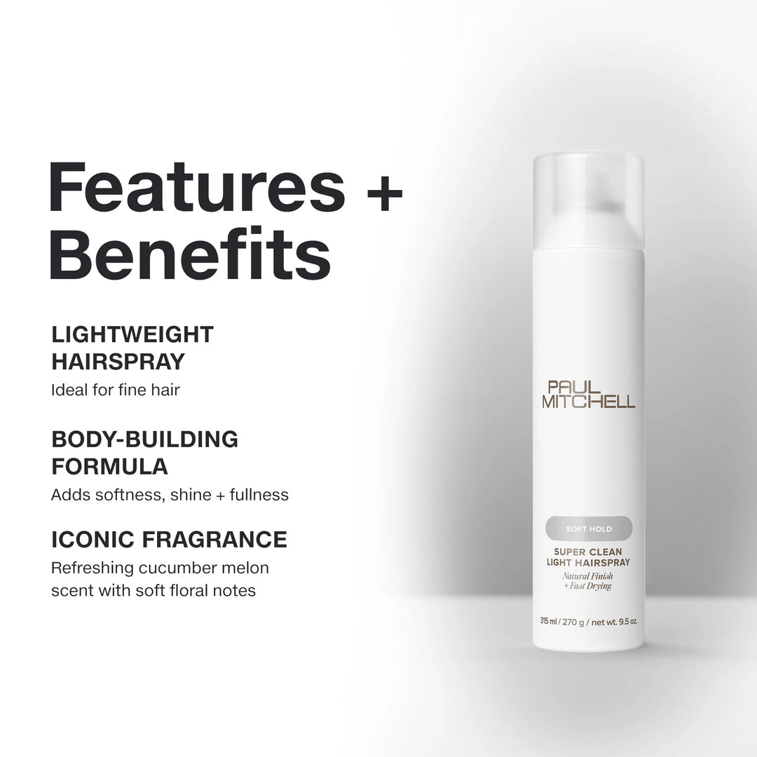 A white can of Paul Mitchell Super Clean Light Hairspray stands on a light gray background next to text describing the product's features and benefits.
