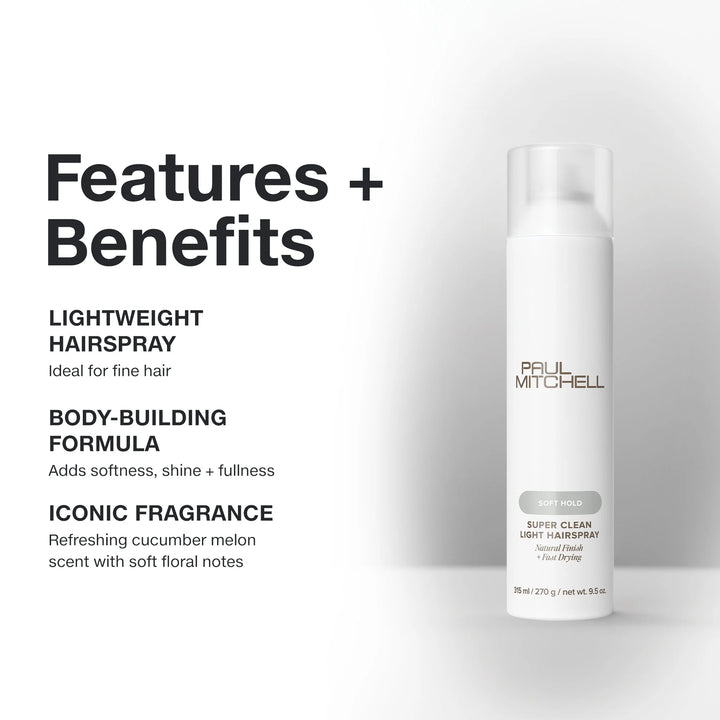 A white can of Paul Mitchell Super Clean Light Hairspray stands on a light gray background next to text describing the product's features and benefits.
