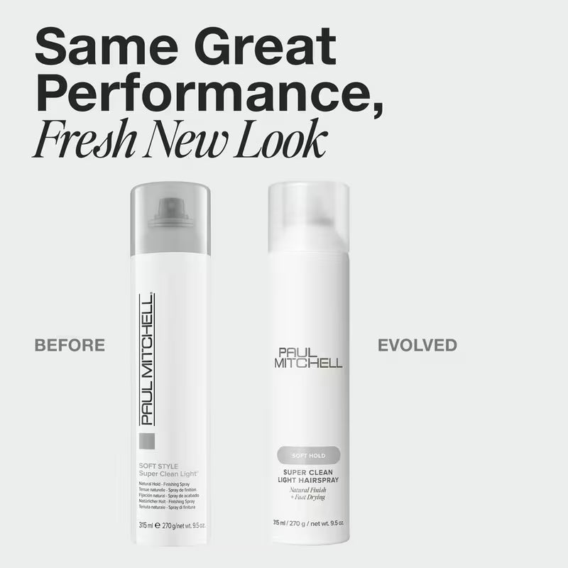 Two hair spray bottles labeled 'Before' and 'Evolved' with text 'Same Great Performance, Fresh New Look' on a white background.