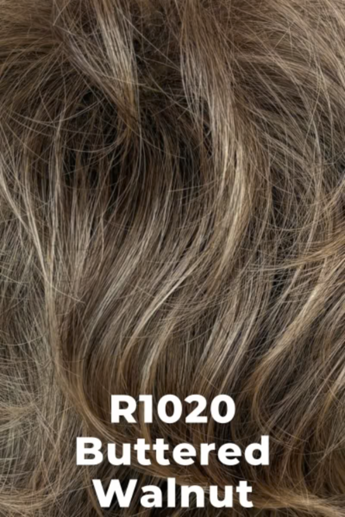 Close-up of hair color R1020 Buttered Walnut with text overlay.