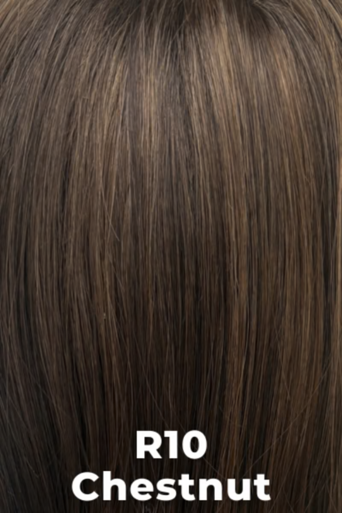 Close-up of chestnut brown hair with 'R10 Chestnut' label.