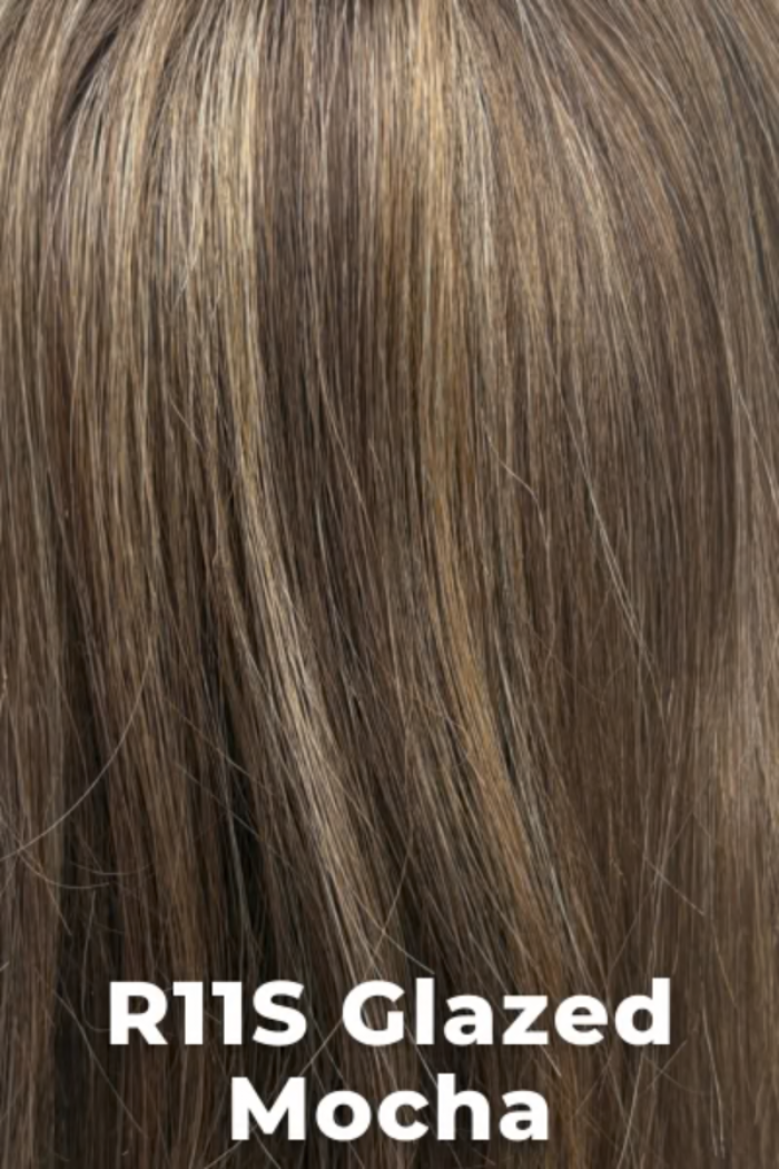 Close-up of hair color R11S Glazed Mocha with brown hair strands.
