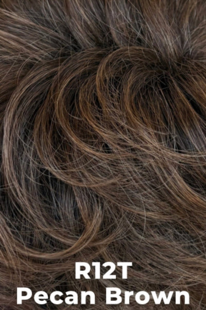 Close-up of brown hair with 'R12T Pecan Brown' label