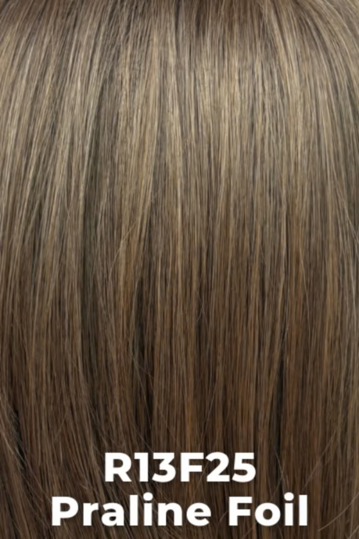 Close-up of hair with Praline Foil color swatch