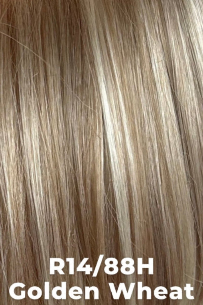 Close-up of blonde hair with color code R14/88H and label 'Golden Wheat'.