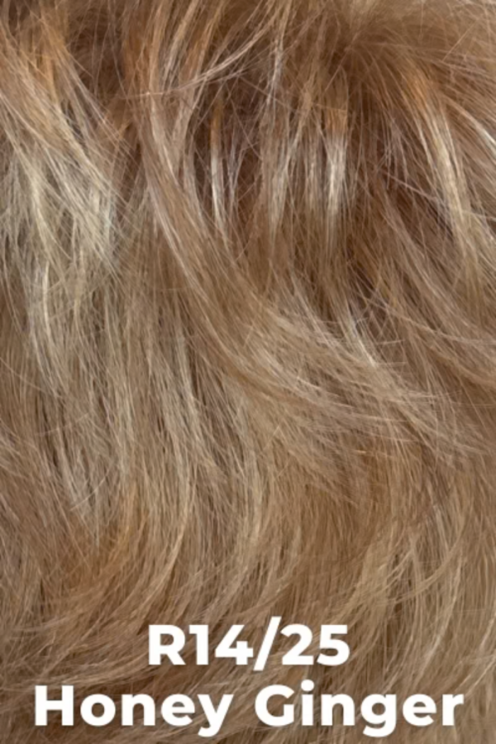Close-up of honey ginger hair color swatch with text 'R14/25 Honey Ginger'.