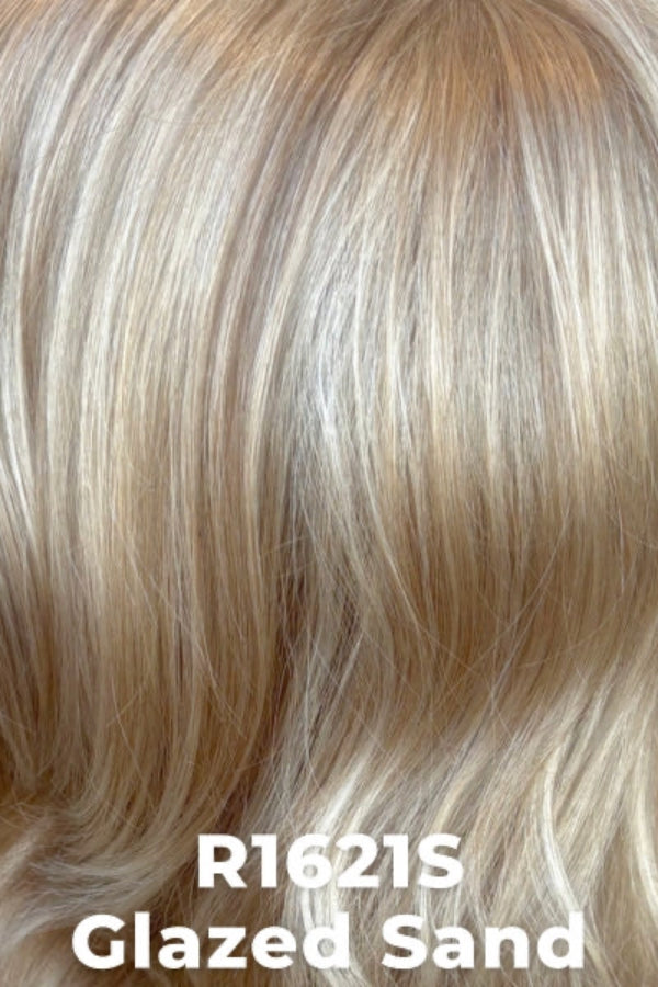 Close-up of blonde hair with 'R1621S Glazed Sand' color label.