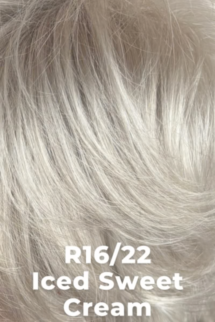 Close-up of light gray hair with text 'R16/22 Iced Sweet Cream' overlayed.