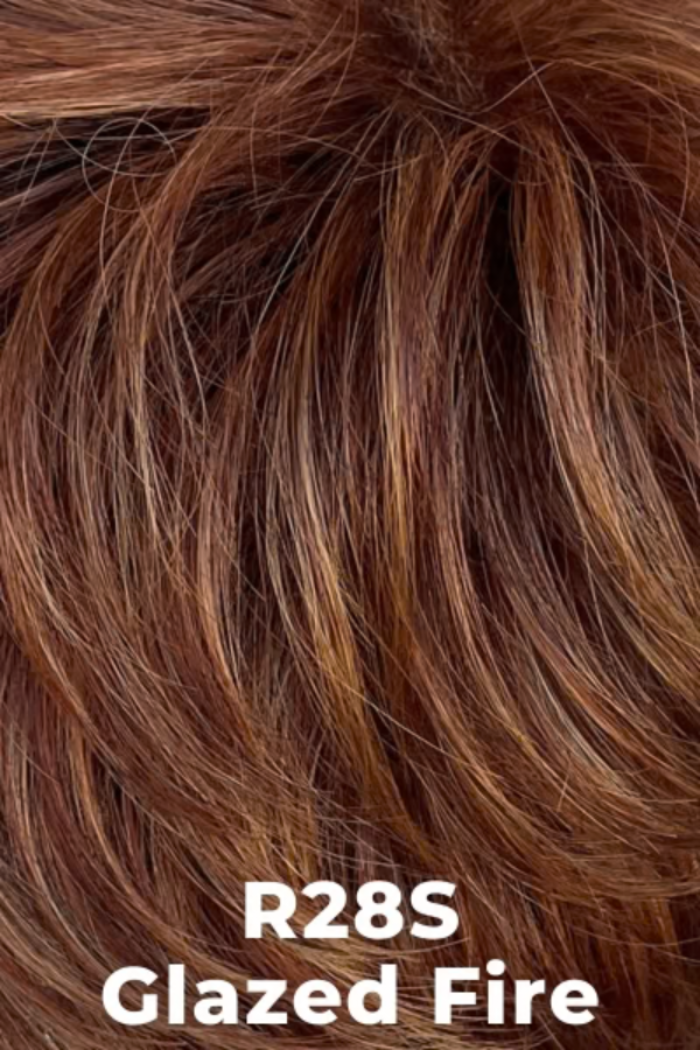 Close-up of brown hair with 'R28S Glazed Fire' label