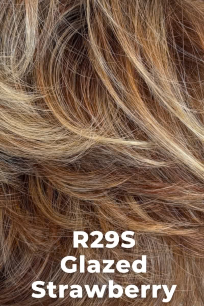 Close-up of hair with 'R29S Glazed Strawberry' color swatch