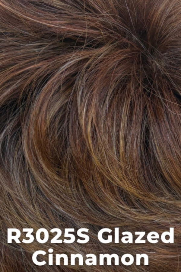 Close-up of brown hair with 'R3025S Glazed Cinnamon' text overlay