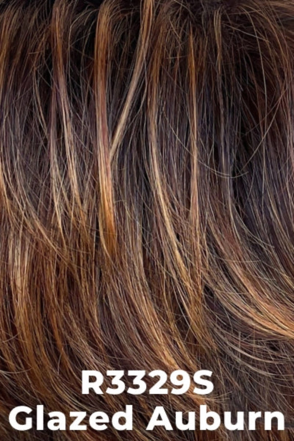 Close-up of hair with 'Glazed Auburn' color swatch labeled R3329S.