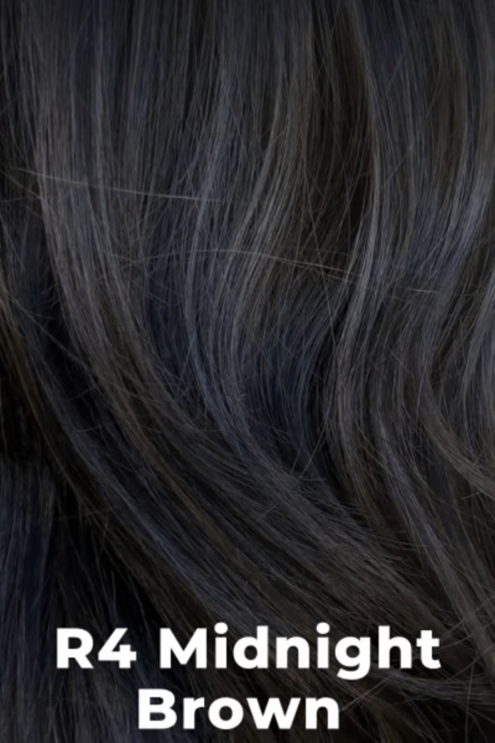 Close-up of dark brown hair with 'R4 Midnight Brown' label