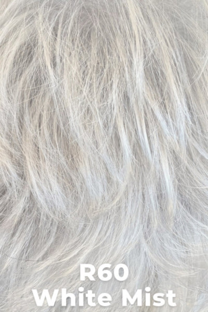 Close-up of a wavy wig or hair extension in a very light cool gray-white shade, with overlaid text reading 'R60 White Mist'.